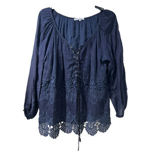 Tempo Paris Embroidered Top Cotton Size M Lace Front Blouse Dolman Boho A003255